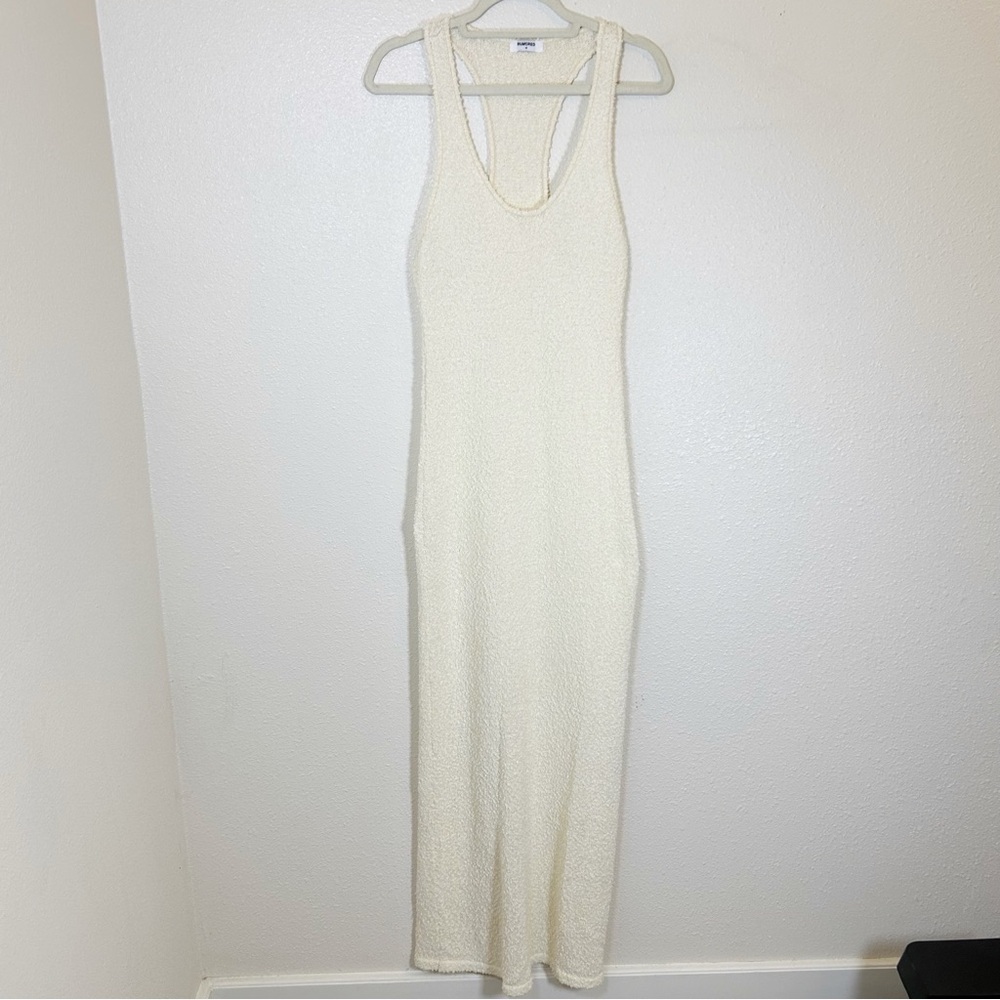 Rumored Cream Boucle Knit Maxi Dress Medium Coastal Quiet Luxury Vacation Beach